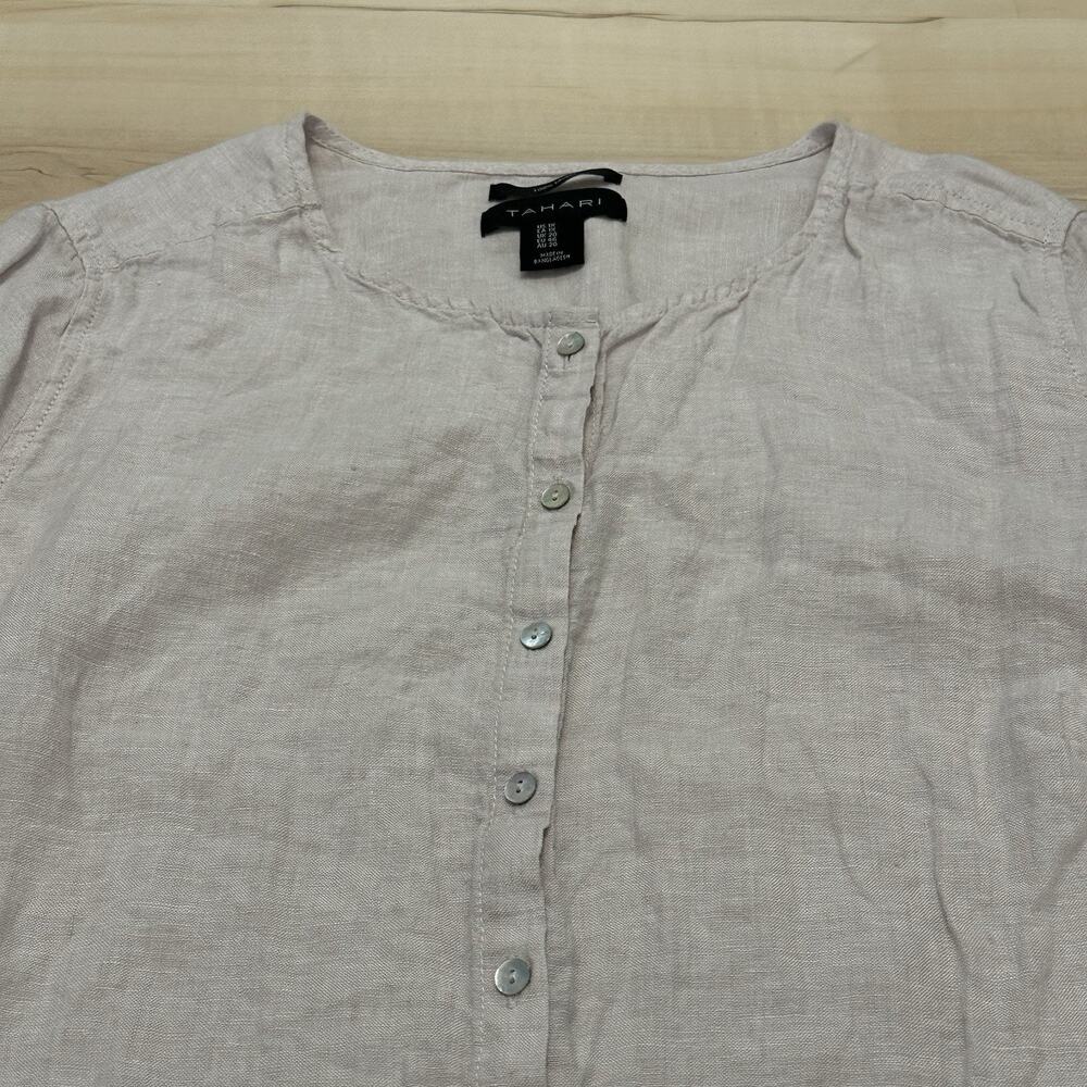 Tahari 1X Top Tunic Linen Button Down Long‎ Sleeve Roll Tab Taupe Coastal Lagum - Picture 3 of 8